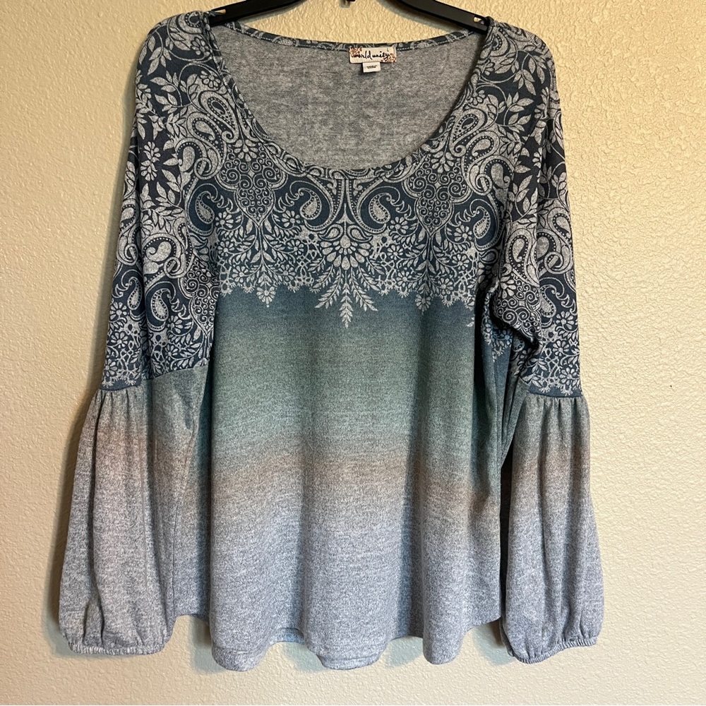 World Unity Women’s L Multicolor Ombré w/ White Floral Print Long Sleeve Top
